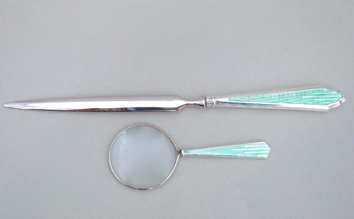 fig 2. SILVER & GUILLOCHE ENAMEL SMALL DESK MAGNIFYING GLASS & LETTER OPENER BY HASSET & HARPER LTD, BIRMINGHAM 1934