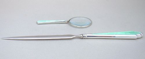 fig 3. SILVER & GUILLOCHE ENAMEL SMALL DESK MAGNIFYING GLASS & LETTER OPENER BY HASSET & HARPER LTD, BIRMINGHAM 1934