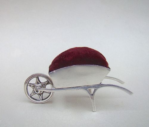 Rare Edwardian Silver Wheelbarrow Pin Cushion by Adie & Lovekin, Birmingham 1908

