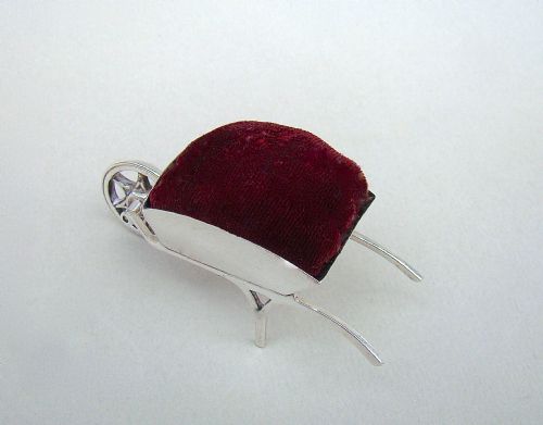fig 1. RARE EDWARDIAN SILVER WHEELBARROW PIN CUSHION BY ADIE & LOVEKIN, BIRMINGHAM 1908

