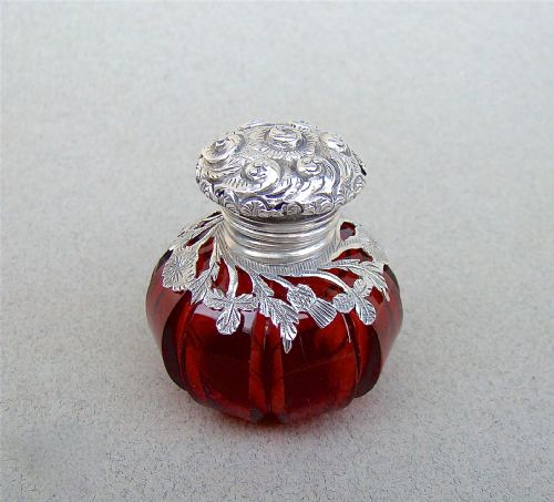 Rare Victorian Silver Mounted Cranberry Glass Vinaigrette, Circa 1890