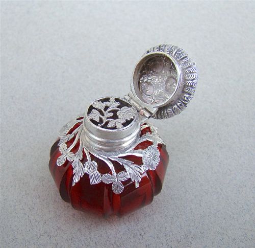 fig 1. RARE VICTORIAN SILVER MOUNTED CRANBERRY GLASS VINAIGRETTE, CIRCA 1890