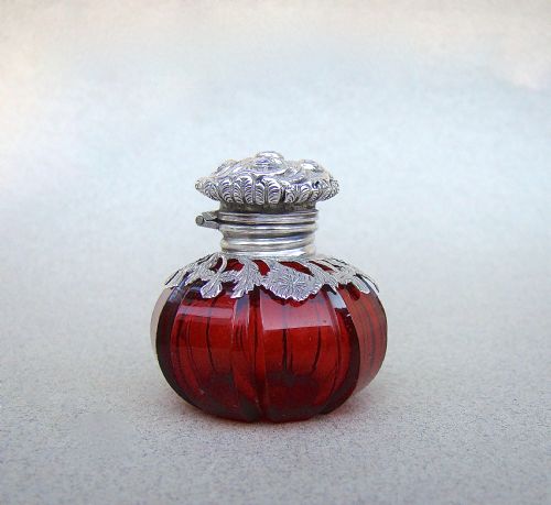 fig 2. RARE VICTORIAN SILVER MOUNTED CRANBERRY GLASS VINAIGRETTE, CIRCA 1890