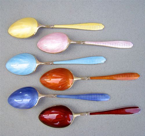 Cased Set of Six Mid-century Guilloche Enamel Coffee Spoons, Circa 1950