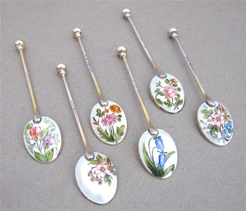 Cased Set of Six  "Botanical" Guilloche Enamel Coffee Spoons by Henry Clifford Davis, Birmingham 1961