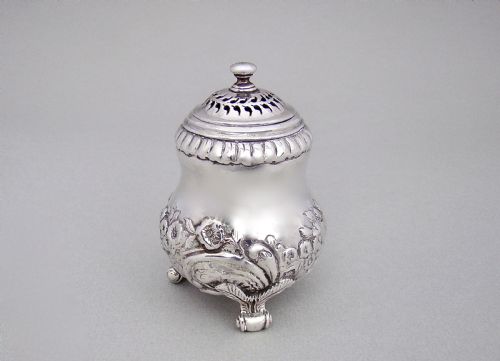 fig 1. EXQUISITE GEORGIAN SILVER POUNCE POT BY JOSEPH ANGELL, LONDON 1825