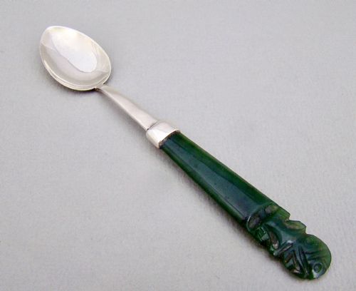 New Zealand Sterling Silver and Carved Jade Small Spoon, Circa 1920