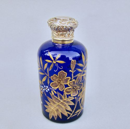 fig 1. VICTORIAN SILVER GILT & ENAMELLED GLASS SCENT BOTTLE, CIRCA 1890