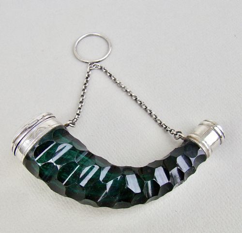fig 1. VICTORIAN SILVER CORNUCOPIA BRISTOL GREEN CUT GLASS SCENT BOTTLE, CIRCA 1870