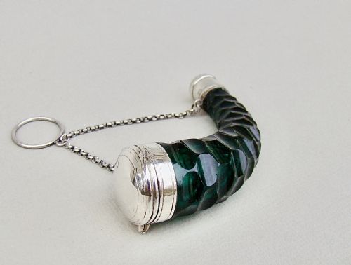 fig 2. VICTORIAN SILVER CORNUCOPIA BRISTOL GREEN CUT GLASS SCENT BOTTLE, CIRCA 1870