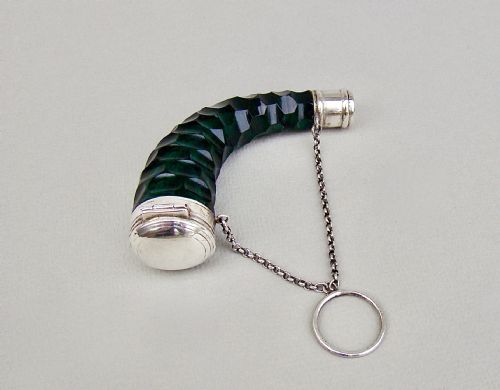 fig 3. VICTORIAN SILVER CORNUCOPIA BRISTOL GREEN CUT GLASS SCENT BOTTLE, CIRCA 1870