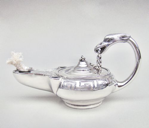 fig 1. RARE VICTORIAN SILVER NOVELTY TABLE CIGAR LIGHTER MODELLED AS ALADDIN'S LAMP BY JOHN WILMIN FIGG, LONDON 1849