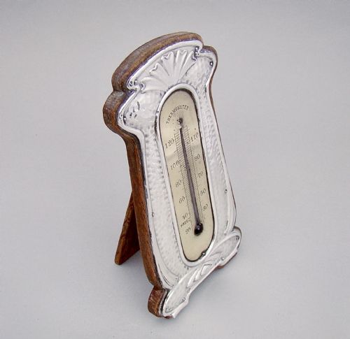 fig 1. RARE ART NOUVEAU / ARTS & CRAFT SILVER DESK THERMOMETER BY LEVI & SALAMAN, BIRMINGHAM 1907
