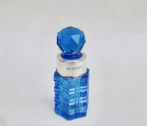 Unusual Victorian Silver Sliced-cut Turquoise Glass Scent Bottle, Birmingham 1899