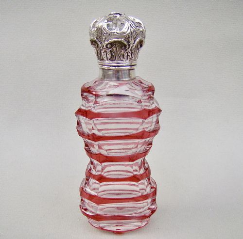 Large Victorian Bohemian Overlay Cranberry Glass Scent Bottle, Circa 1870
