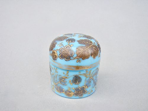 19th C. Moser Turquoise Opaline and Gilt Glass Rouge Pot, Circa 1890