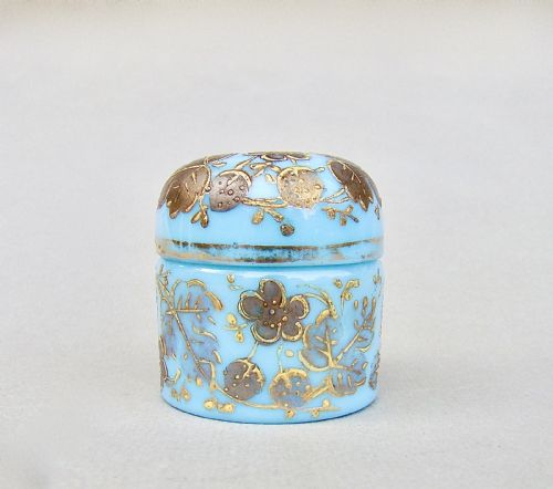 fig 1. 19TH C. MOSER TURQUOISE OPALINE AND GILT GLASS ROUGE POT, CIRCA 1890