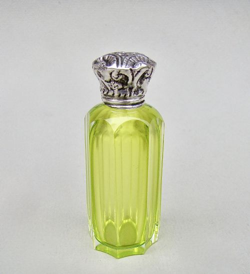 Victorian Silver & Lime Green Sliced-cut Glass Scent Bottle , Circa 1890