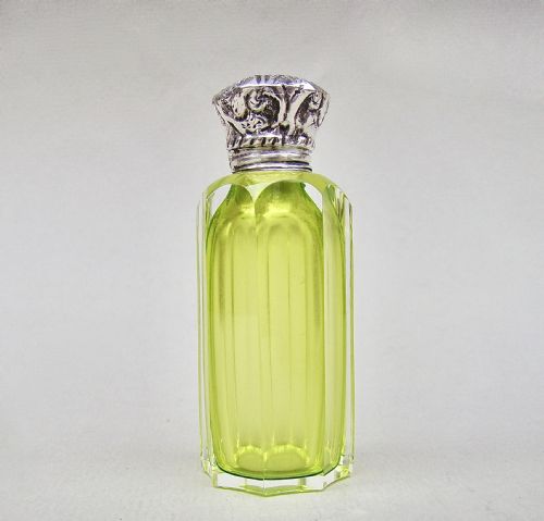 fig 1. VICTORIAN SILVER & LIME GREEN SLICED-CUT GLASS SCENT BOTTLE , CIRCA 1890