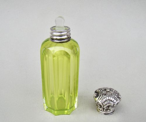 fig 2. VICTORIAN SILVER & LIME GREEN SLICED-CUT GLASS SCENT BOTTLE , CIRCA 1890