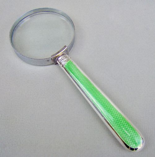 Art Deco Silver & Guilloche Enamel Small Desk Magnifying Glass by Josiah Williams & Co, London 1933