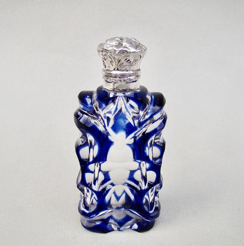 Victorian Silver and Bohemian Overlay Bristol Blue Glass Scent Bottle, Circa 1890
