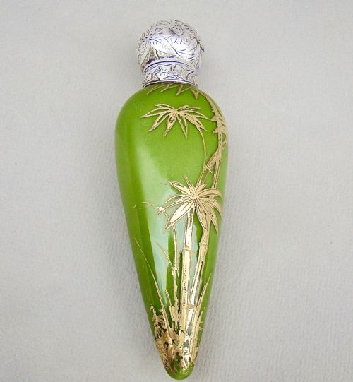 fig 1. FABULOUS VICTORIAN AESTHETIC MOVEMENT SILVER AND OPALINE GILT GLASS SCENT BOTTLE BY HEWETT & CO, BIRMINGHAM 1884