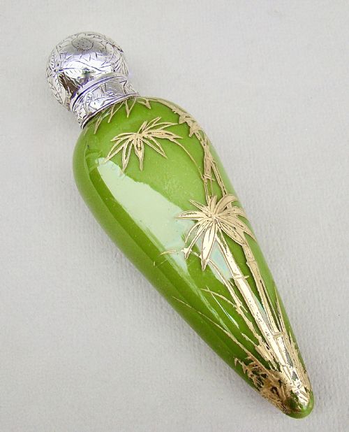 Fabulous Victorian Aesthetic Movement Silver and Opaline Gilt Glass Scent Bottle by Hewett & Co, Birmingham 1884
