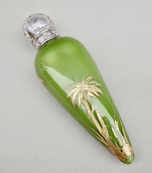 fig 2. FABULOUS VICTORIAN AESTHETIC MOVEMENT SILVER AND OPALINE GILT GLASS SCENT BOTTLE BY HEWETT & CO, BIRMINGHAM 1884