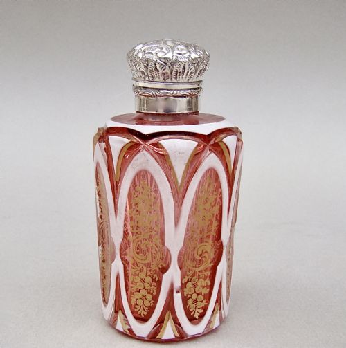 fig 1. FABULOUS VICTORIAN SILVER AND BOHEMIAN OVERLAY CRANBERRY GLASS  SCENT BOTTLE, CIRCA 1890