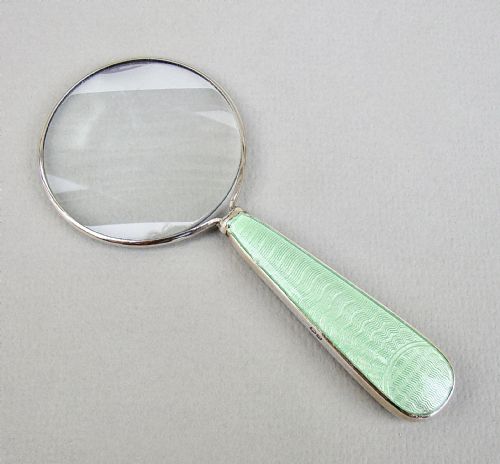 Small Art Deco Silver & Guilloche Enamel Magnifying Glass by the Adie Brothers, Birmingham 1932

