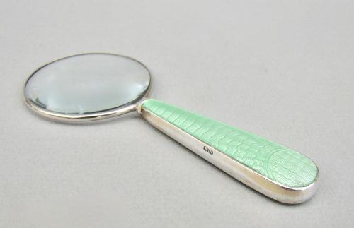 fig 1. SMALL ART DECO SILVER & GUILLOCHE ENAMEL MAGNIFYING GLASS BY THE ADIE BROTHERS, BIRMINGHAM 1932
