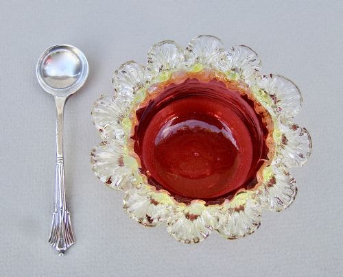 fig 1. VICTORIAN CRANBERRY AND URANIUM GLASS SALT WITH VICTORIAN SILVER SALT SPOON, CHESTER 1896