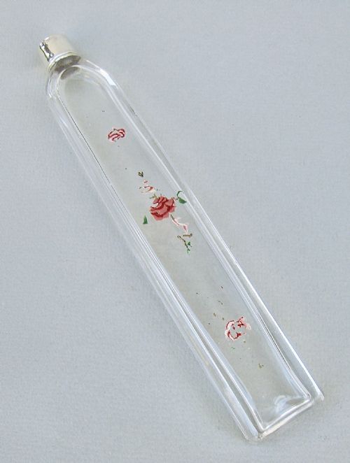 fig 1. UNUSUAL GEORGIAN SILVER AND ENAMELLED GLASS SCENT BOTTLE, CIRCA 1780
