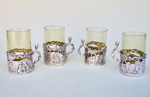 fig 1. DELIGHTFUL SET OF FOUR VICTORIAN SILVER & AMBER GLASS TEA HOLDERS BY WILLIAM COMYNS, LONDON 1889