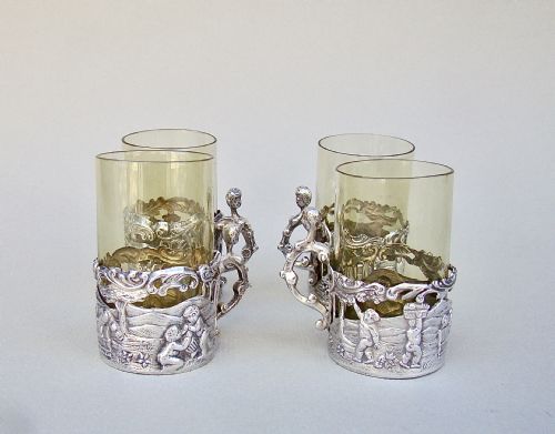 Delightful Set of Four Victorian Silver & Amber Glass Tea Holders by William Comyns, London 1889