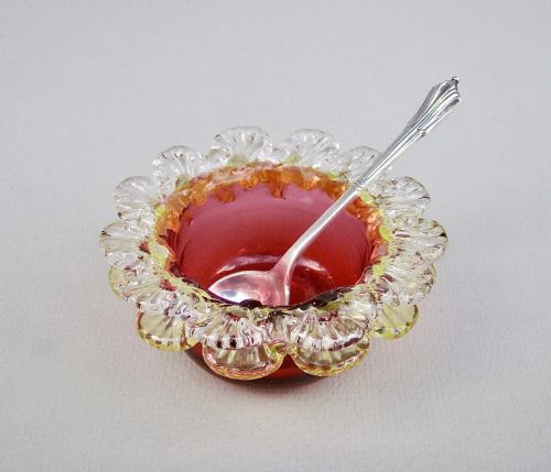 Victorian Cranberry and Uranium Glass Salt with Victorian Silver Salt Spoon, Chester 1896