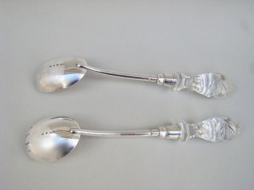 fig 1. GOOD PAIR OF VICTORIAN SOLID SILVER & CUT GLASS SALAD SERVERS BY THOMAS PRIME & SON, BIRMINGHAM 1890