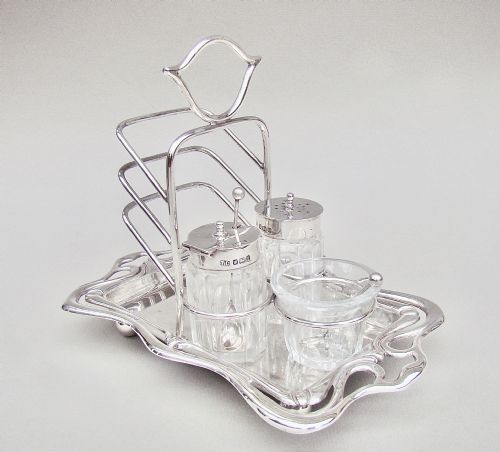 Rare Art Nouveau Silver Toast Rack Set by Thomas Levesley, Sheffield 1908