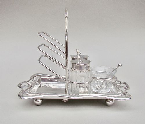 fig 1. RARE ART NOUVEAU SILVER TOAST RACK SET BY THOMAS LEVESLEY, SHEFFIELD 1908
