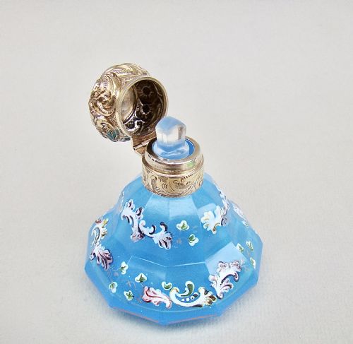 fig 3. EXQUISITE VICTORIAN SILVER GILT ENAMELLED OPALINE GLASS SCENT BOTTLE, CIRCA 1870