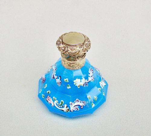 fig 1. EXQUISITE VICTORIAN SILVER GILT ENAMELLED OPALINE GLASS SCENT BOTTLE, CIRCA 1870