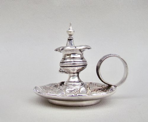 fig 1. EXQUISITE WILLIAM IV MINIATURE SILVER PLATED CHAMBER STICK, CIRCA 1835