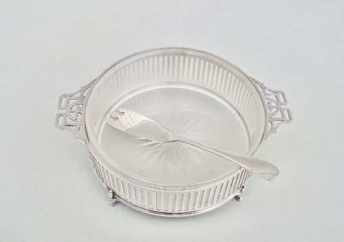 Large George V Silver Butter Dish by Jay's, Birmingham 1911 with Art Deco Silver Butter Knife