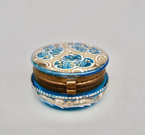 Delightful French Turquoise Glass Enamelled Trinket Box, Circa 1890
