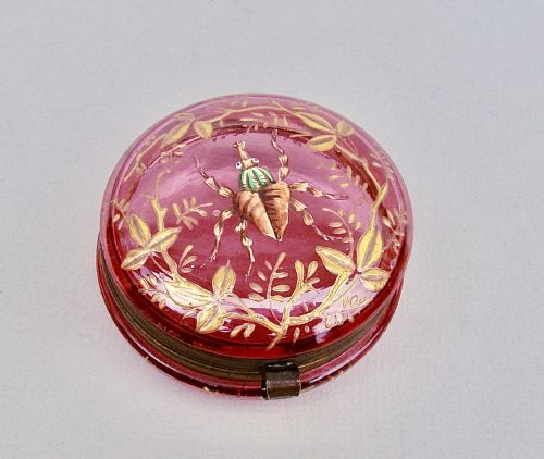 Rare French Enamelled  Cranberry Glass Trinket Box , Circa 1890