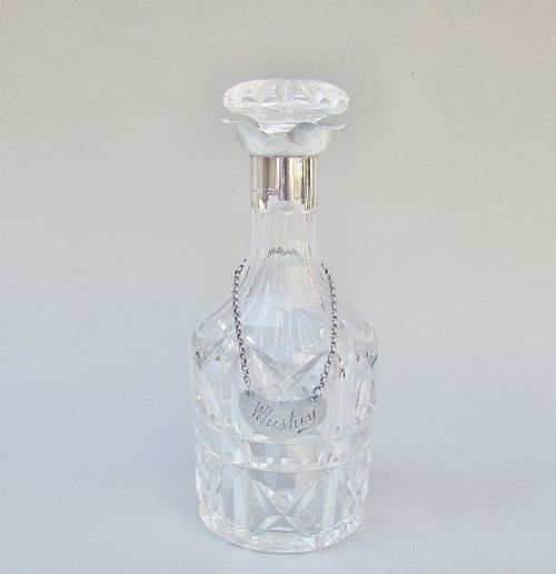 Small Art Deco Silver Mounted Glass Decanter, Birmingham 1928 with Edwardian Silver Whisky Label, London 1904
