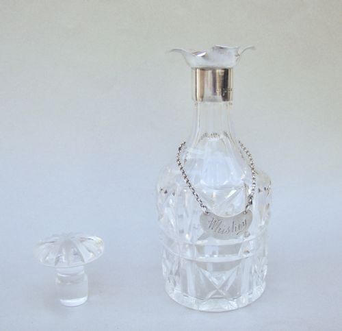 fig 3. SMALL ART DECO SILVER MOUNTED GLASS DECANTER, BIRMINGHAM 1928 WITH EDWARDIAN SILVER WHISKY LABEL, LONDON 1904