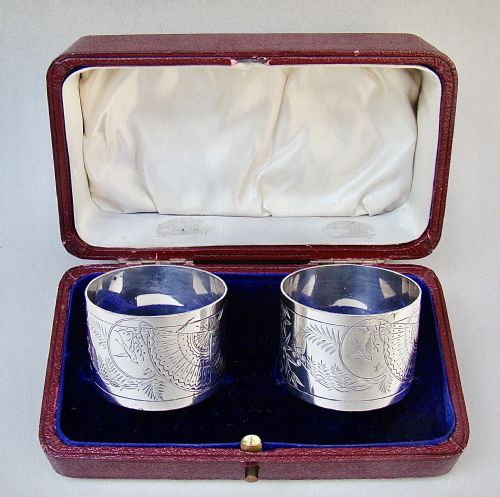 Fabulous Cased Pair of Victorian Silver Aesthetic Movement Napkin Rings by George Adams, London 1881