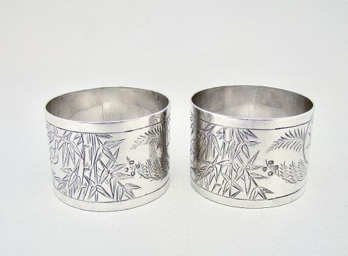 fig 1. FABULOUS CASED PAIR OF VICTORIAN SILVER AESTHETIC MOVEMENT NAPKIN RINGS BY GEORGE ADAMS, LONDON 1881